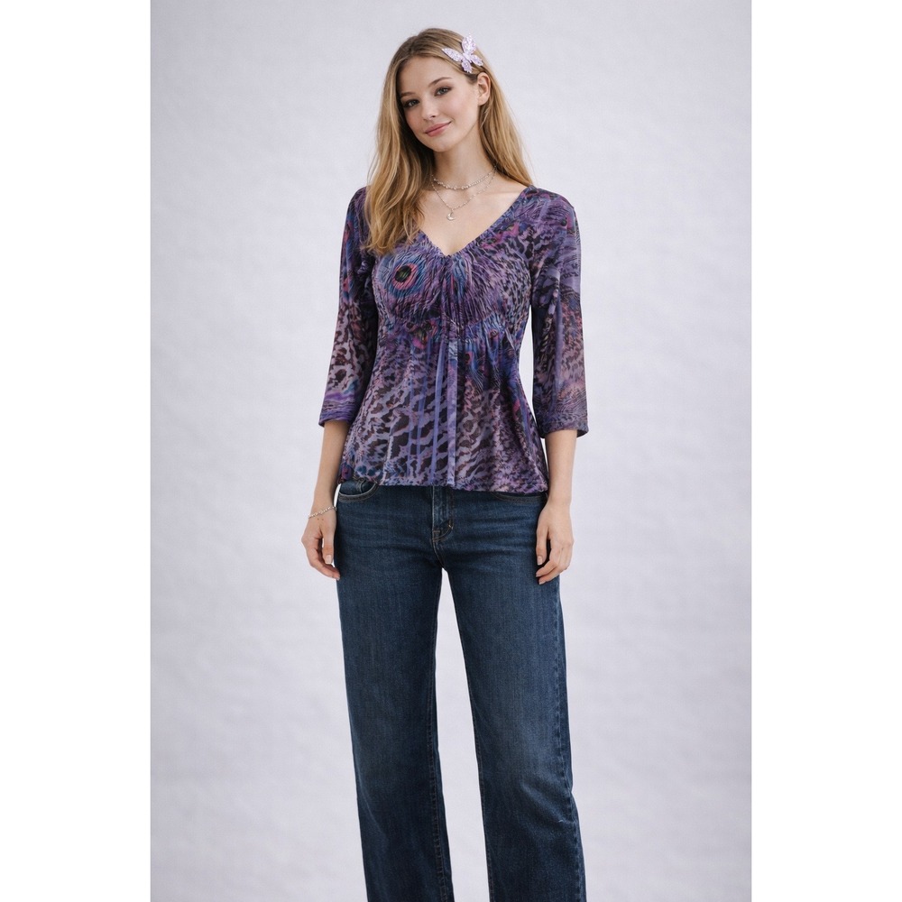 Boston Proper Fairy Velour Top Womens S Purple Peacock Feather Print‎ 3/4 Sleeve
